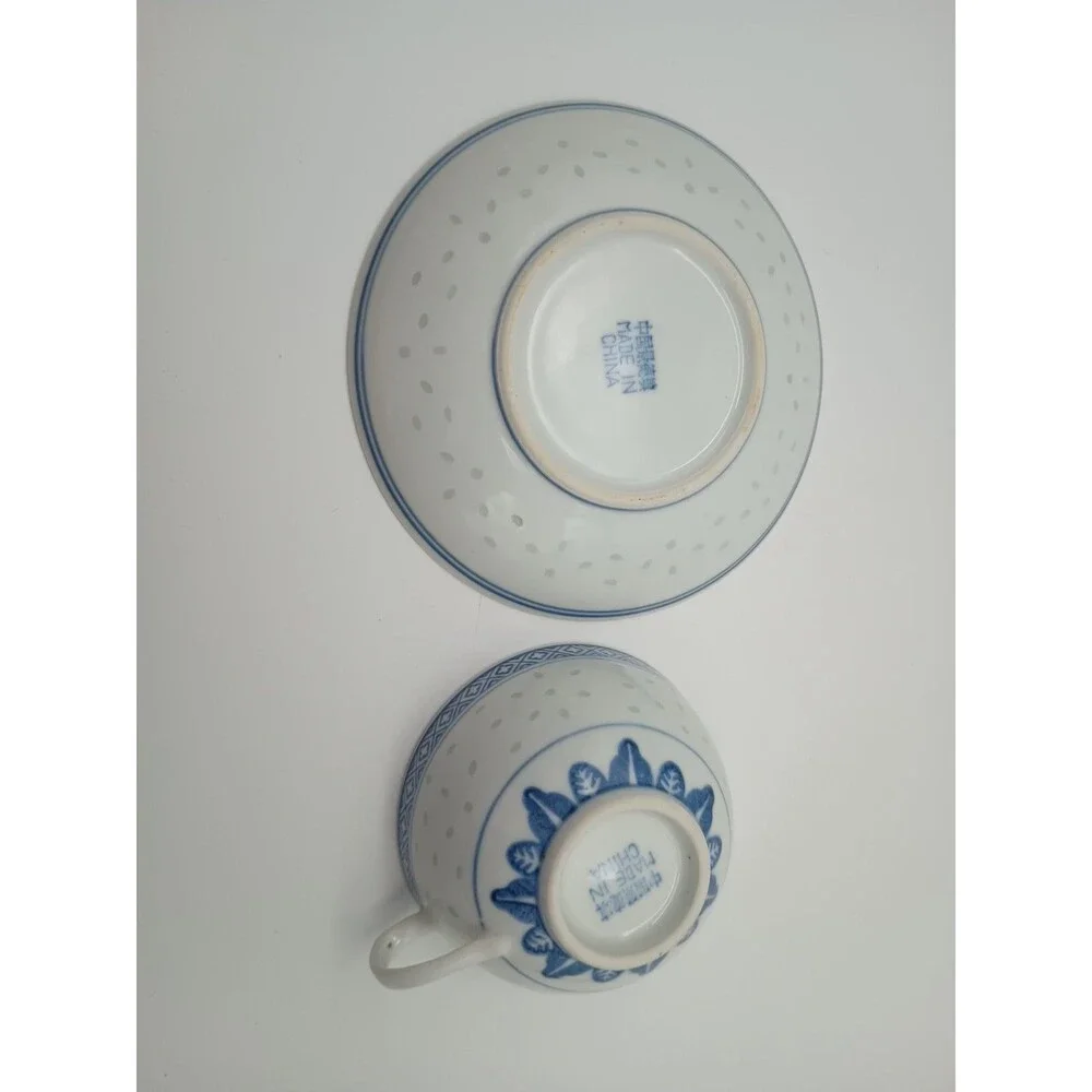 Translucent Tea Cup & Saucer Set Blue Rice Eye White Dragon Vintage Chinese